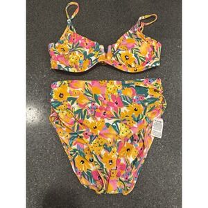 Anne Cole Floral Tropical Underwire Top High Rise Ruched Bottoms Medium Colorful